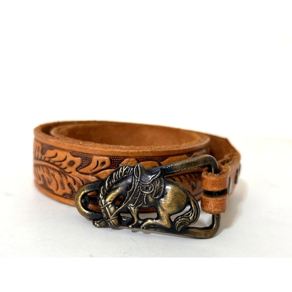 Justin Brass Horse Buckle Top Grain Cowhide‎ Leather Belt Tooled Size 34 USA